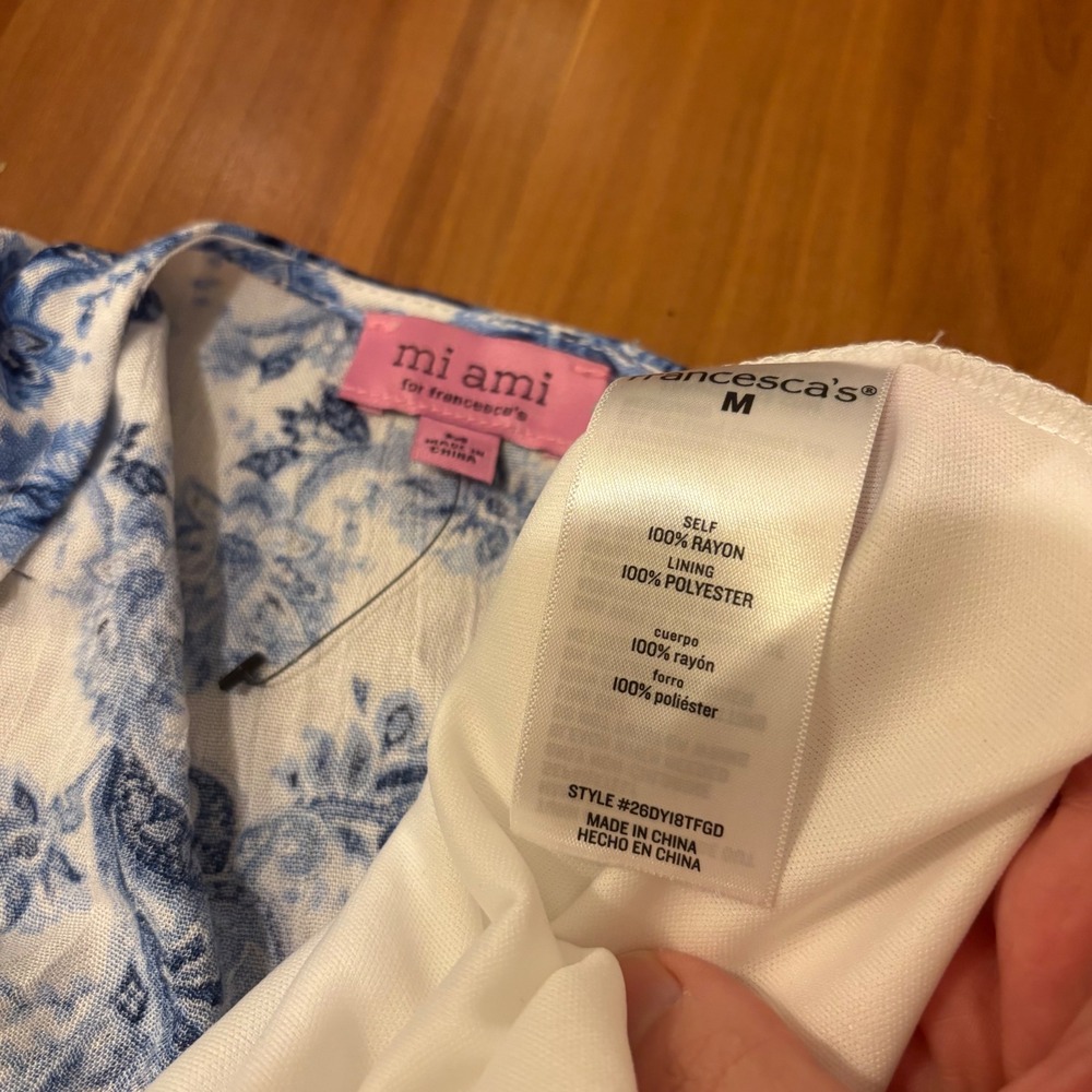 Francesca's Blue White Floral Paisley Scalloped Ribbon Puff Sleeve Mini Dress M - Picture 6 of 6